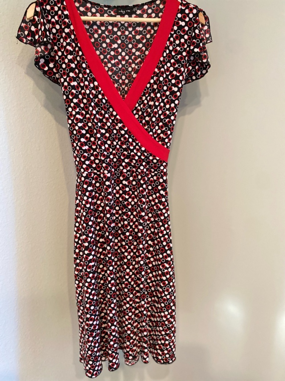 Ruby Rox Black Polka Dot Midi Dress with Red Trim and Waist Tie - Picture 4 of 5